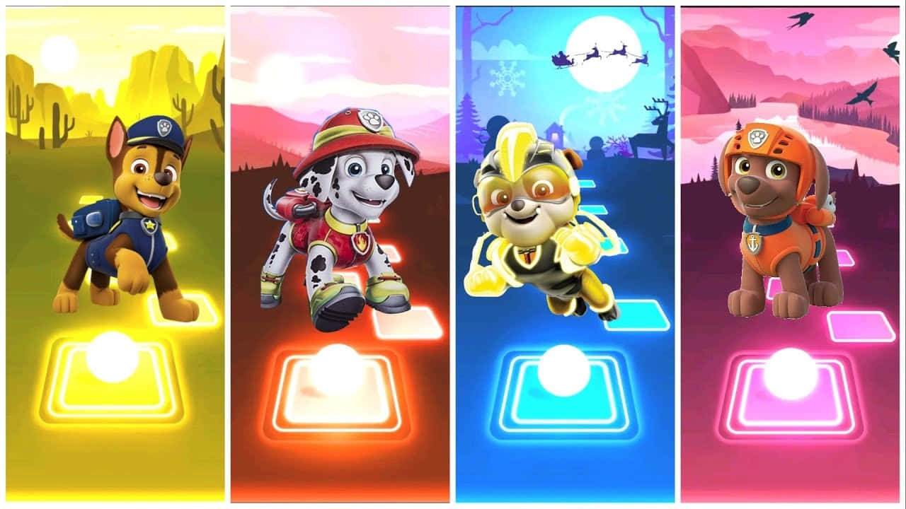  壁紙 — 四隻Paw Patrol小狗在色彩繽紛的主題場景中，各自站在發光的跳舞墊上，背景充滿活力。