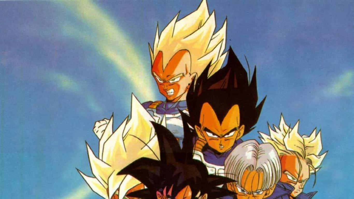 Vegeta And Trunks 桌布 壁紙 — 四位擁有尖刺頭髮和發光光環的強大動漫戰士，挑釁地站在藍天下。