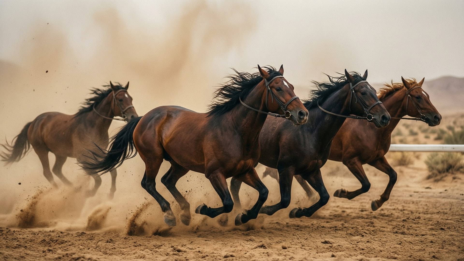 Desert Storm Derby 壁紙 — 四匹強壯的馬並排奔馳在塵土飛揚的沙漠景觀中，揚起沙塵，形成動態模糊。