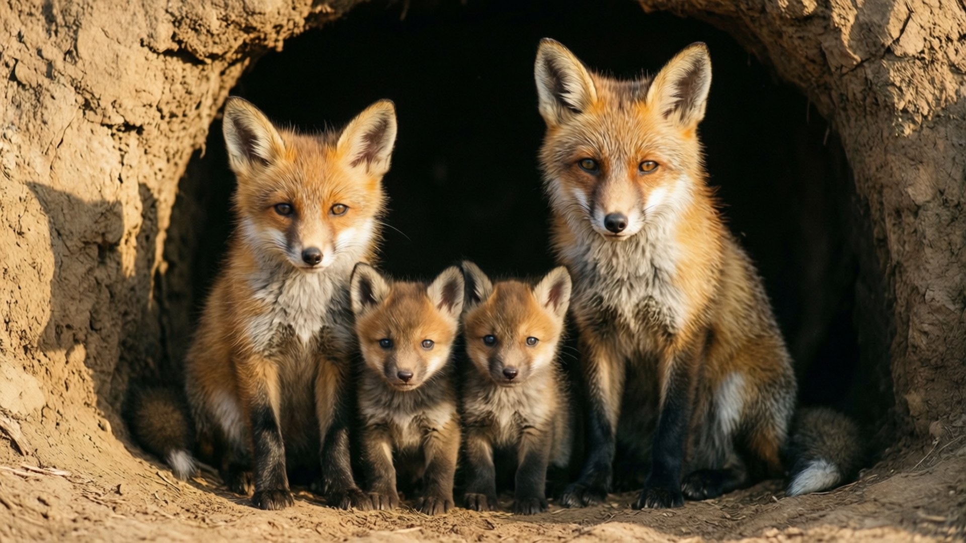 Fox Family Den 壁紙 — 四隻紅狐，包括兩隻成狐和兩隻幼狐，一起坐在陽光普照的土洞入口處。