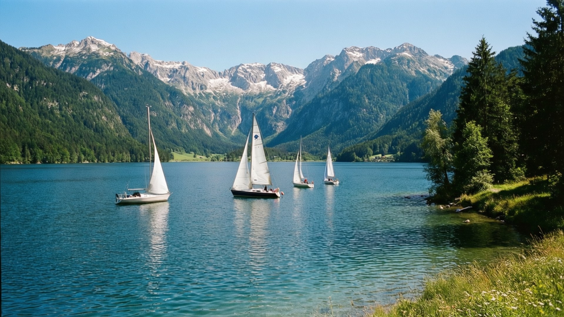 Zell am See Summer 壁紙 — 四艘帆船在清澈藍天下，滑過被雪山和茂密常綠森林環繞的碧綠湖泊。