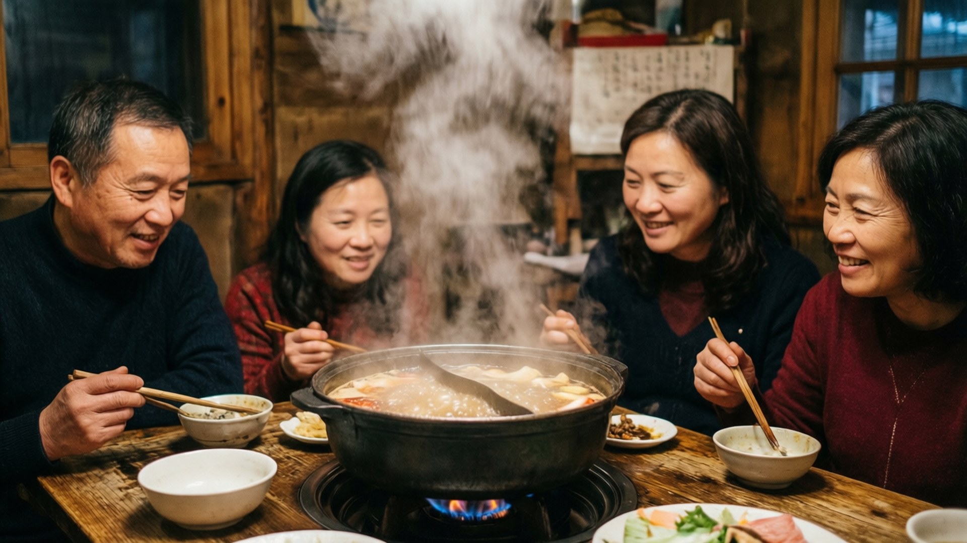 桌布 壁紙 — 四個微笑的人聚集在一個舒適質樸的廚房裡，圍著木桌上一個冒著熱氣的火鍋。