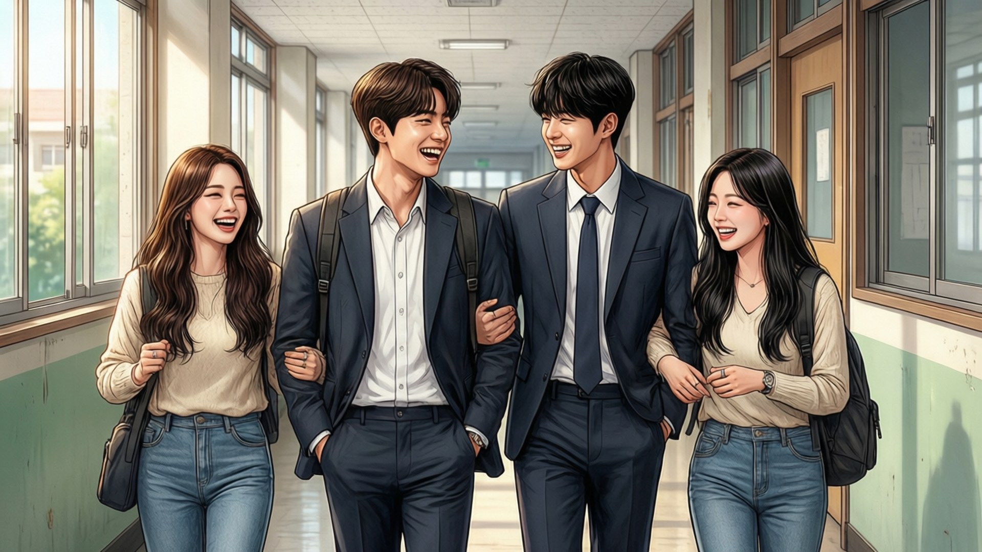 Friendly Foursome 壁紙 — 四名面帶微笑的學生穿著校服，手挽手走在陽光普照的走廊上，一起大笑。