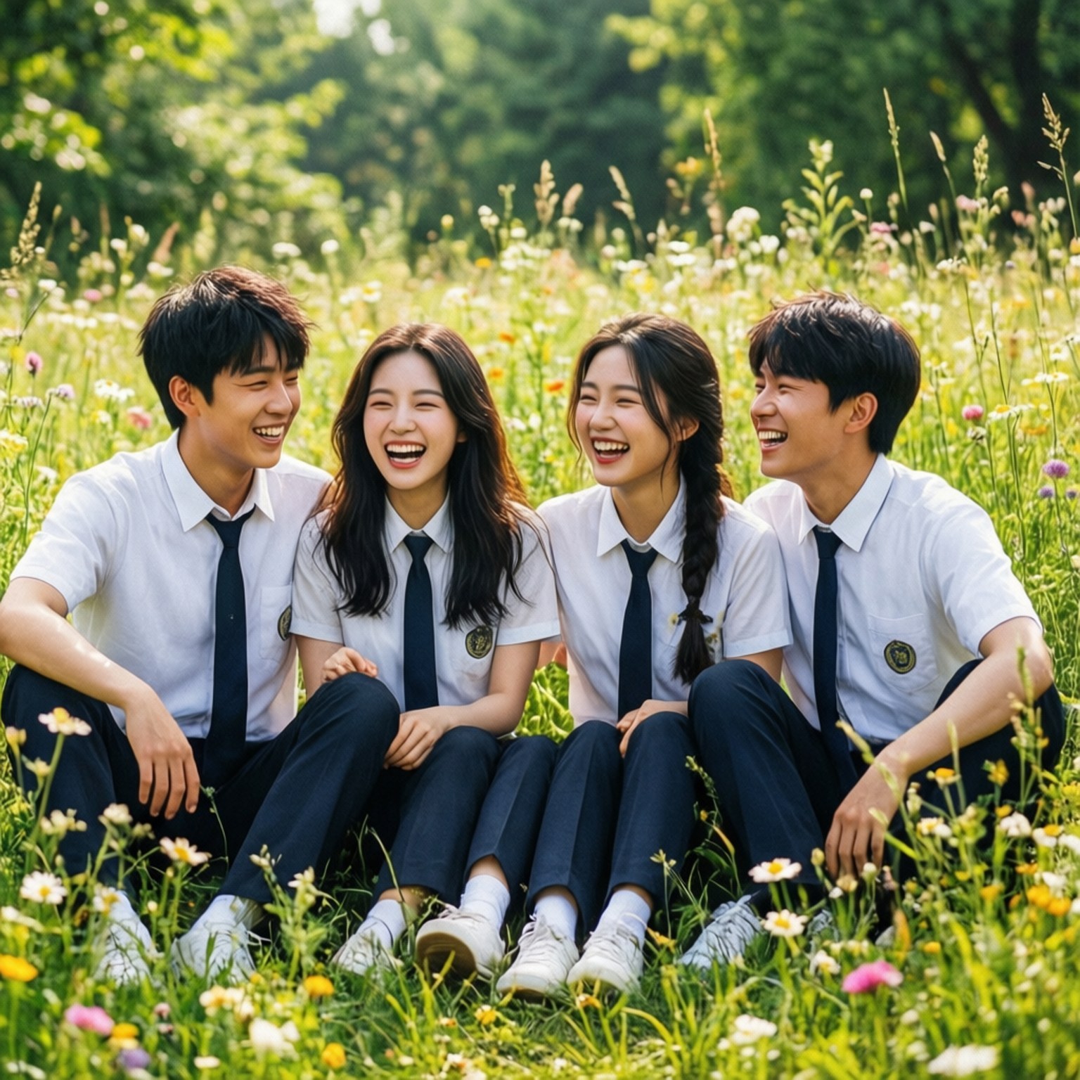 Juniors' Day Out 壁紙 — 四名穿著制服的學生面帶微笑，一起坐在陽光明媚的野花田中大笑。
