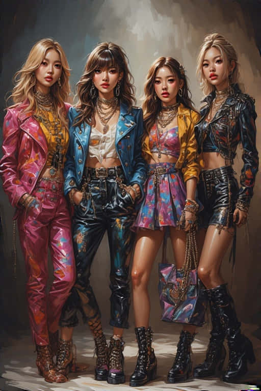 四位女性穿著大膽的金屬色服裝和靴子，在風格化的肖像中一起擺姿勢。 — Blackpink 壁紙