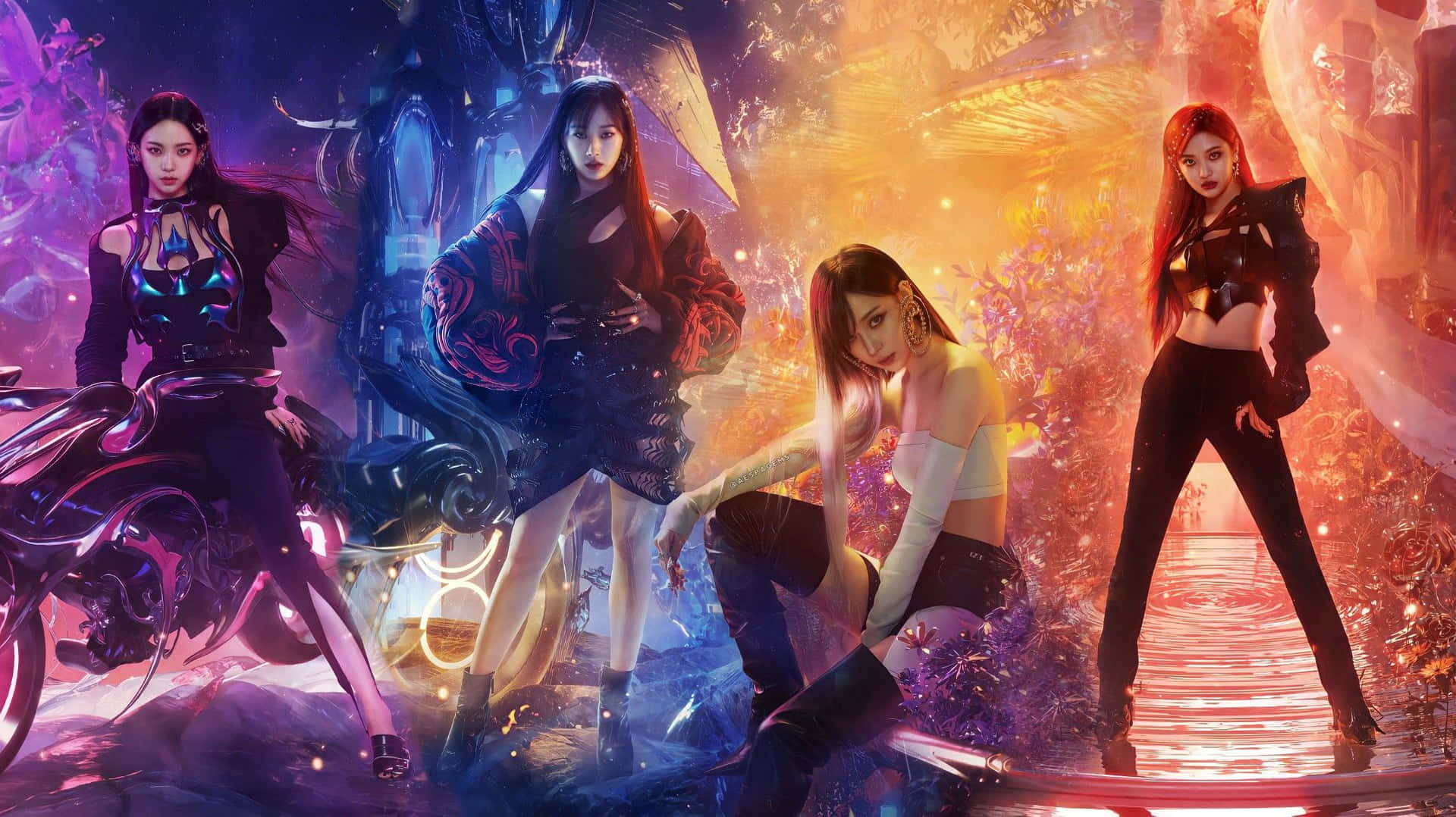 四位穿著未來風格服裝的女性在發光的科幻奇幻場景中擺姿勢。 — K Pop 壁紙