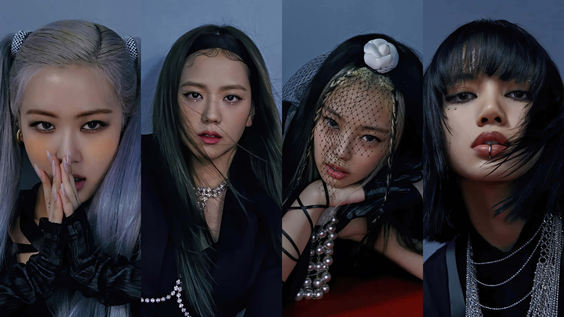 四位時尚女性，妝容大膽，穿著前衛，在攝影棚內擺姿勢。 — Blackpink 壁紙