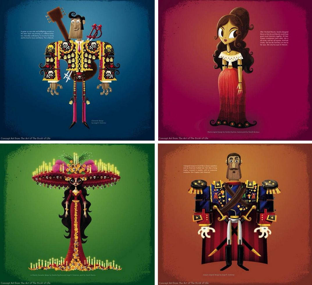 電影動圖 桌布 壁紙 — 《The Book of Life》中四個風格化的動畫角色，每個都穿著華麗服飾，飾有骷髏、蠟燭和鮮豔色彩，背景為純色。