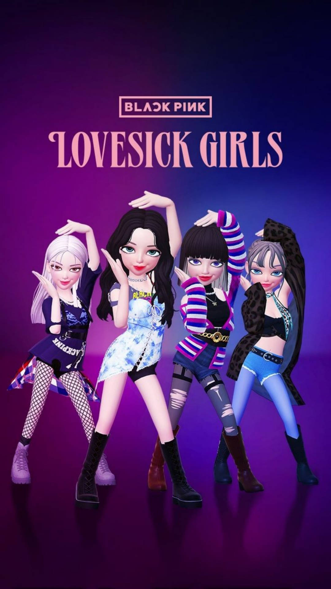 四個穿著彩色服裝的動漫女性表演者為音樂影片擺姿勢。 — Blackpink 壁紙