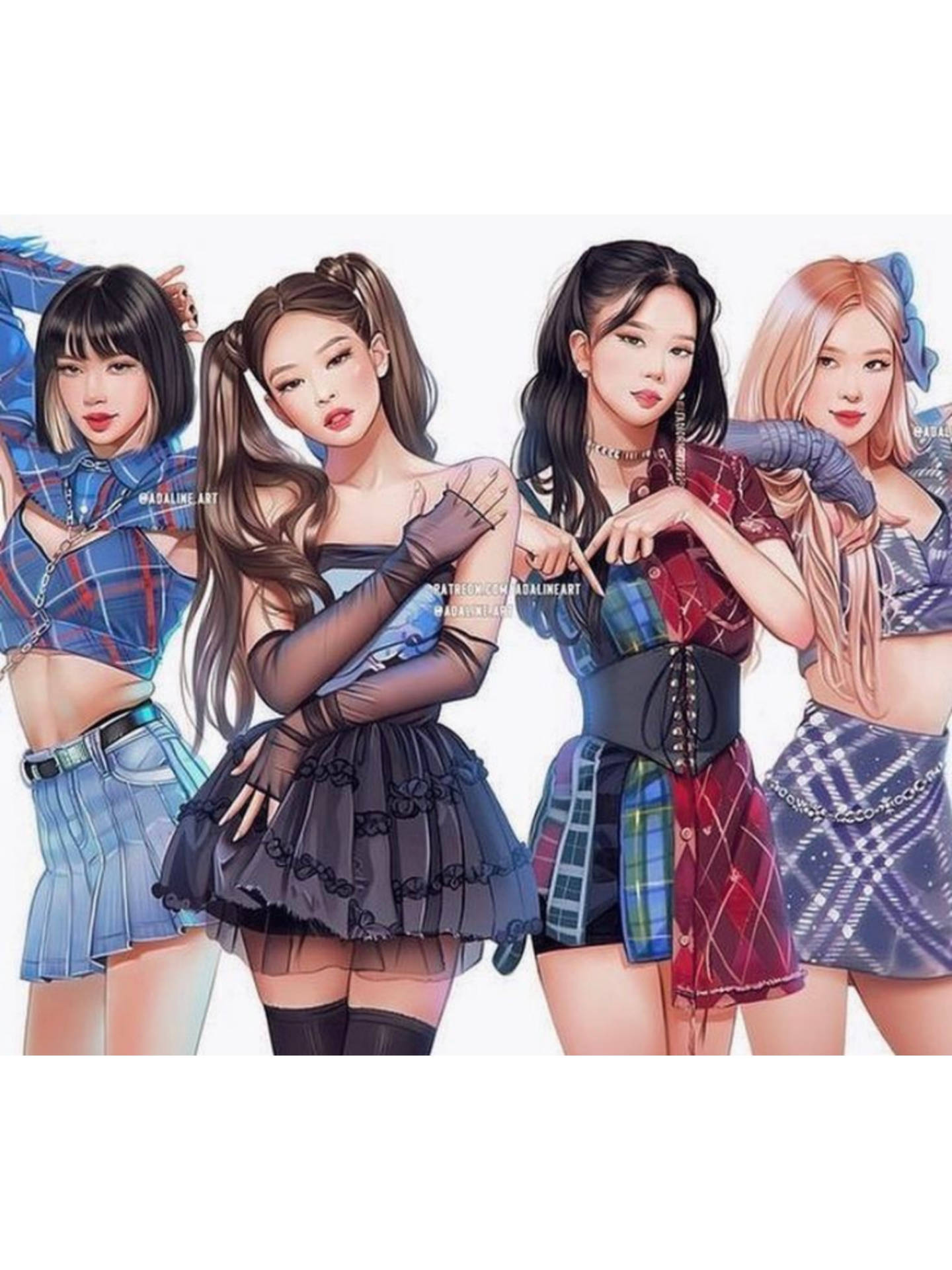 四個動漫風格女孩穿著格子服裝自信地擺姿勢。 — Blackpink 壁紙