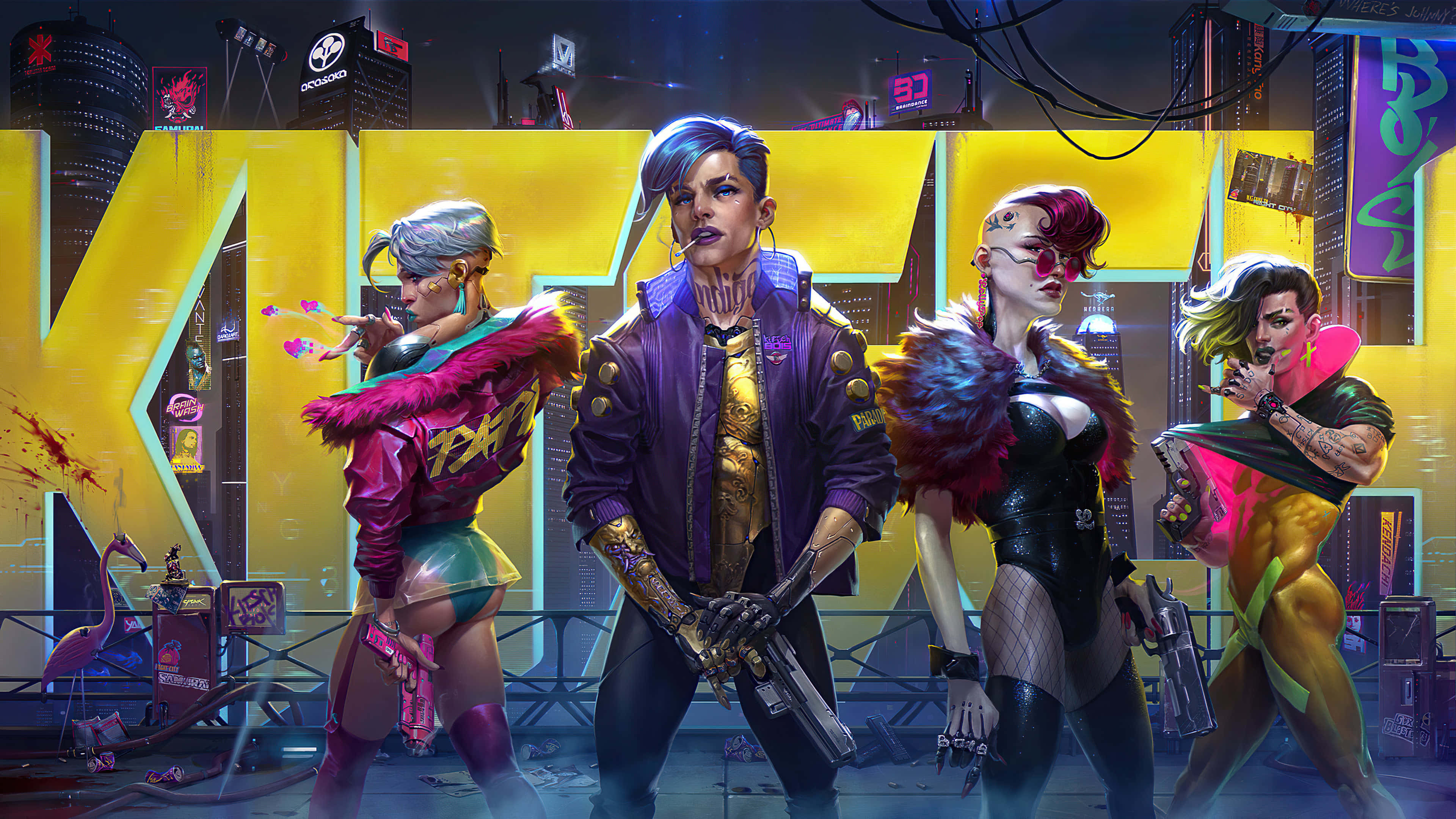 Cyberpunk 2077 Characters 桌布 壁紙 — 四個風格化的賽博朋克角色在霓虹燈照亮的城市小巷中自信地擺姿勢，周圍有發光的標誌和未來主義建築。
