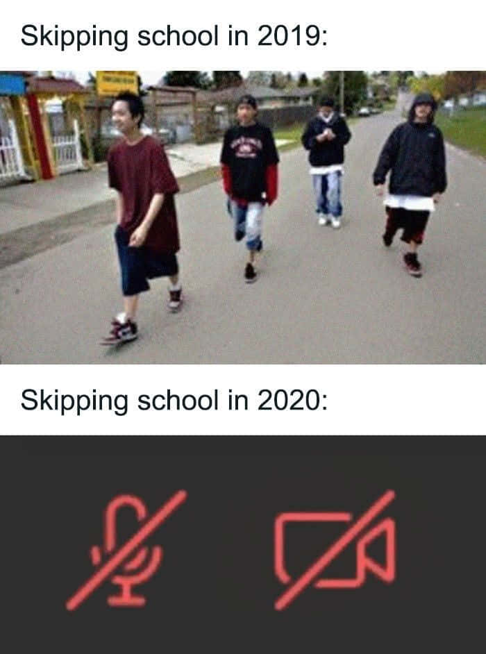 兩個紅色的麥克風和相機靜音圖標顯示了2020年的遠程學習。 — Meme 壁紙