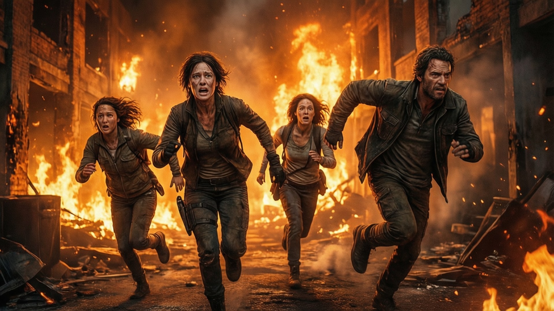 Survivors in Flames 壁紙 — 四個驚恐的人在火焰咆哮和碎片飛舞的燃燒廢墟街道上狂奔。