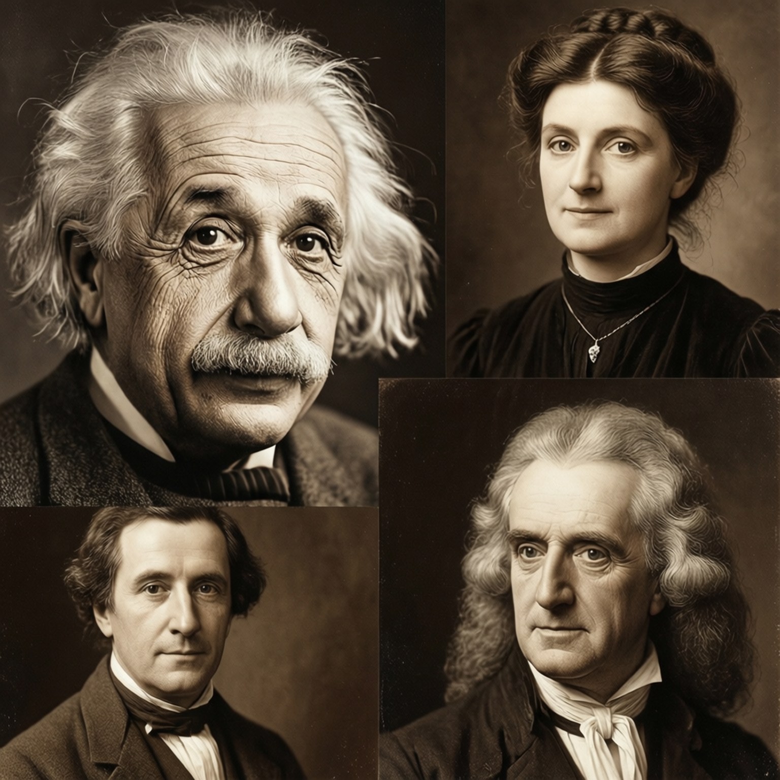 Icons of Science 壁紙 — 四張復古棕褐色肖像，包括愛因斯坦和居里夫人等歷史人物，身著正裝。