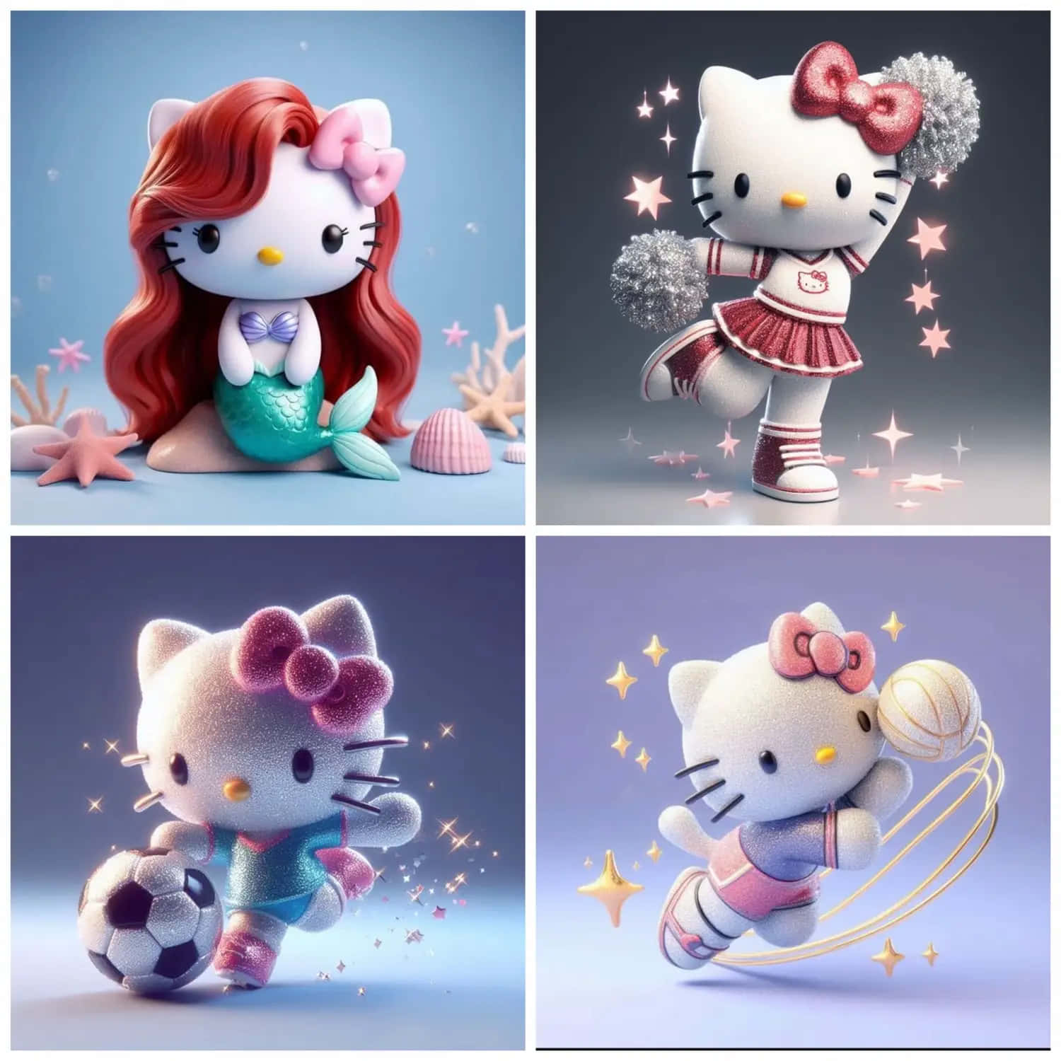  壁紙 — 四個奇幻的3D渲染Hello Kitty角色，穿著幻想運動服裝和人魚服裝，帶有閃爍效果。