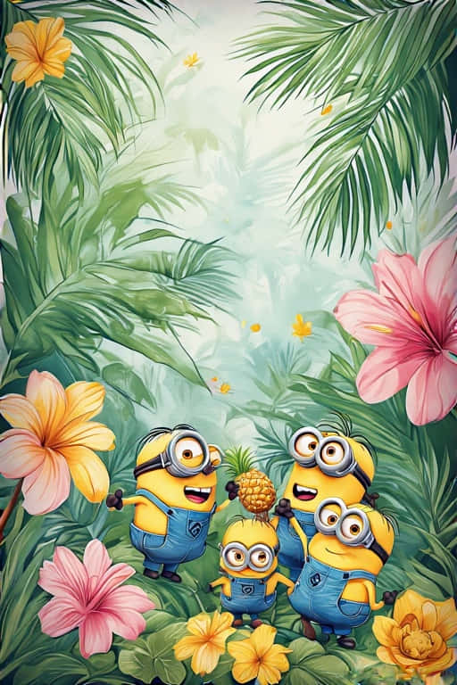 四個穿著藍色工裝褲和護目鏡的Minions站在熱帶花卉和棕櫚葉中，手持一個鳳梨。 — 4K 壁紙