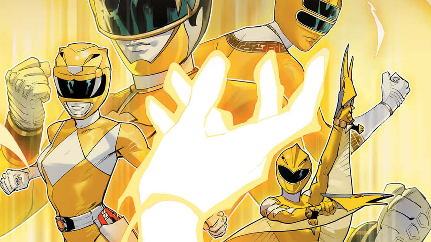  壁紙 — 四位黃色Power Rangers以動態姿勢釋放發光能量，背景為燦爛金色。