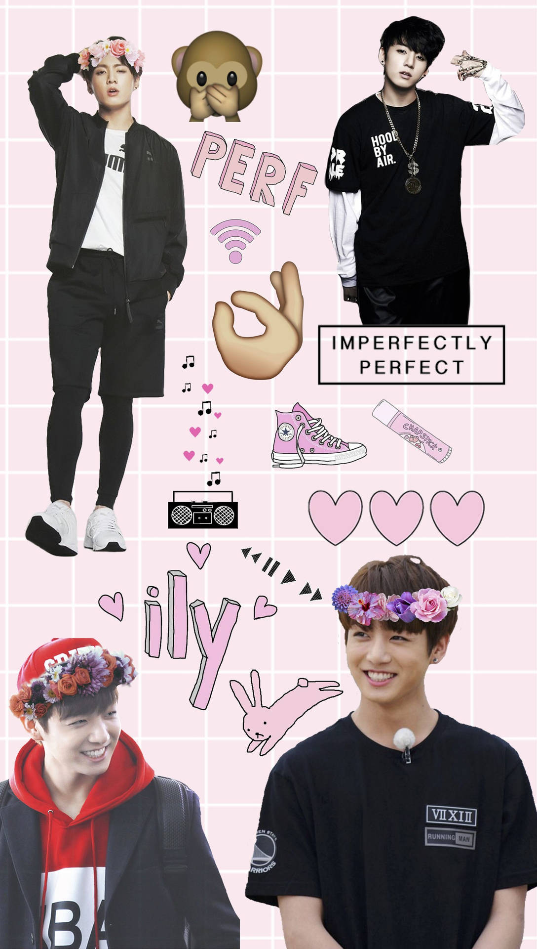 四位微笑的年輕男子穿著休閒服，戴著花冠，搭配粉紅色主題圖案。 — Bts 壁紙