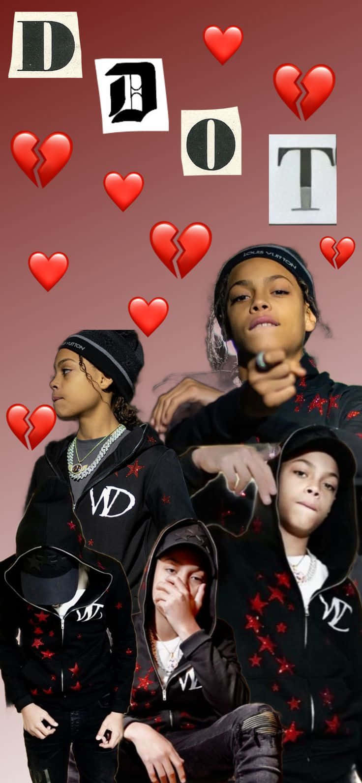  壁紙 — 四個穿著黑色星星圖案連帽衫的年輕人，在粉紅色背景前擺姿勢，背景有漂浮的破碎心形和「DOT」字樣。