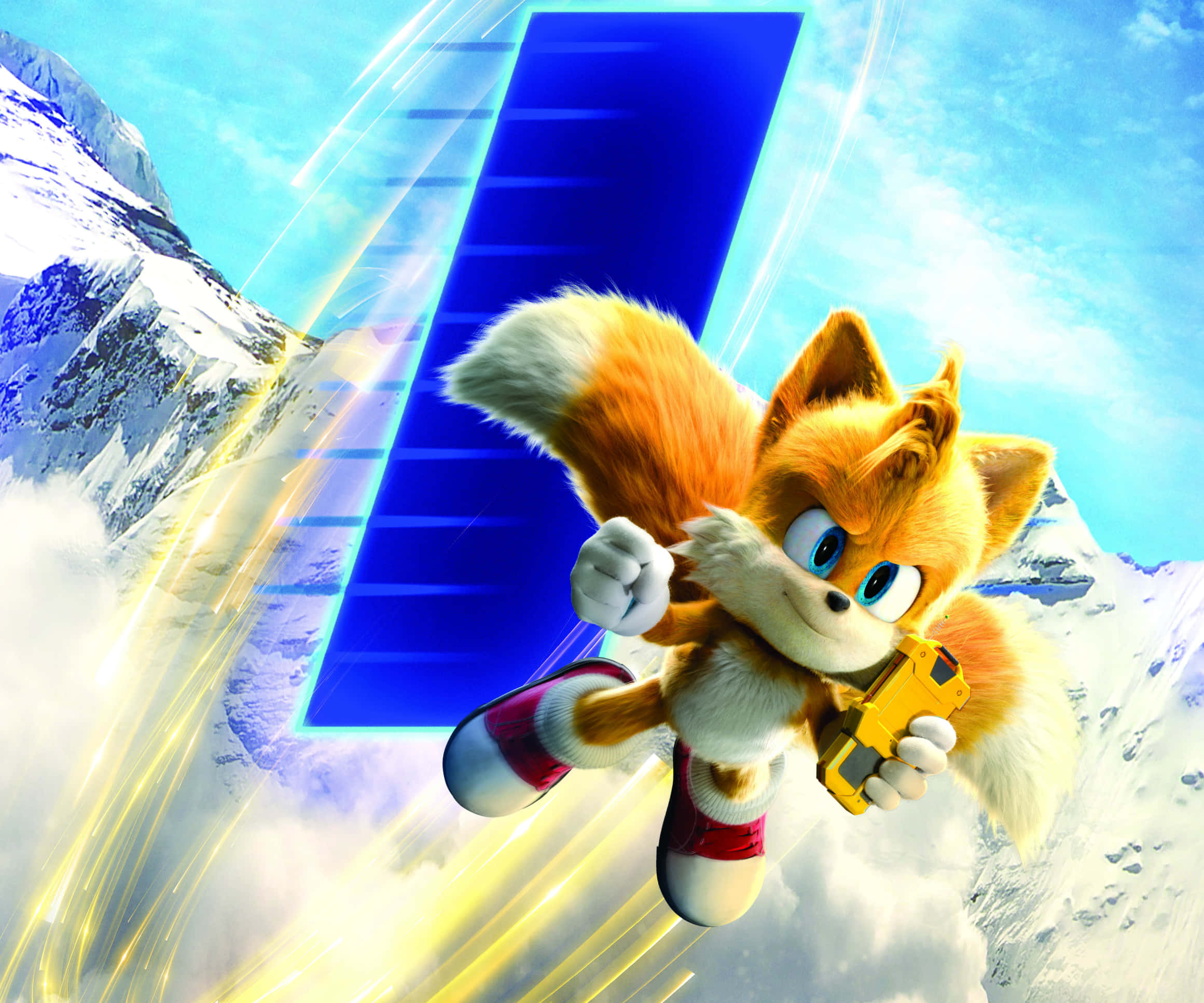 Tails 桌布 壁紙 — Fox McCloud 在雪覆蓋的山谷中飛馳，手持黃色裝置，身後有速度線和藍色傳送門。