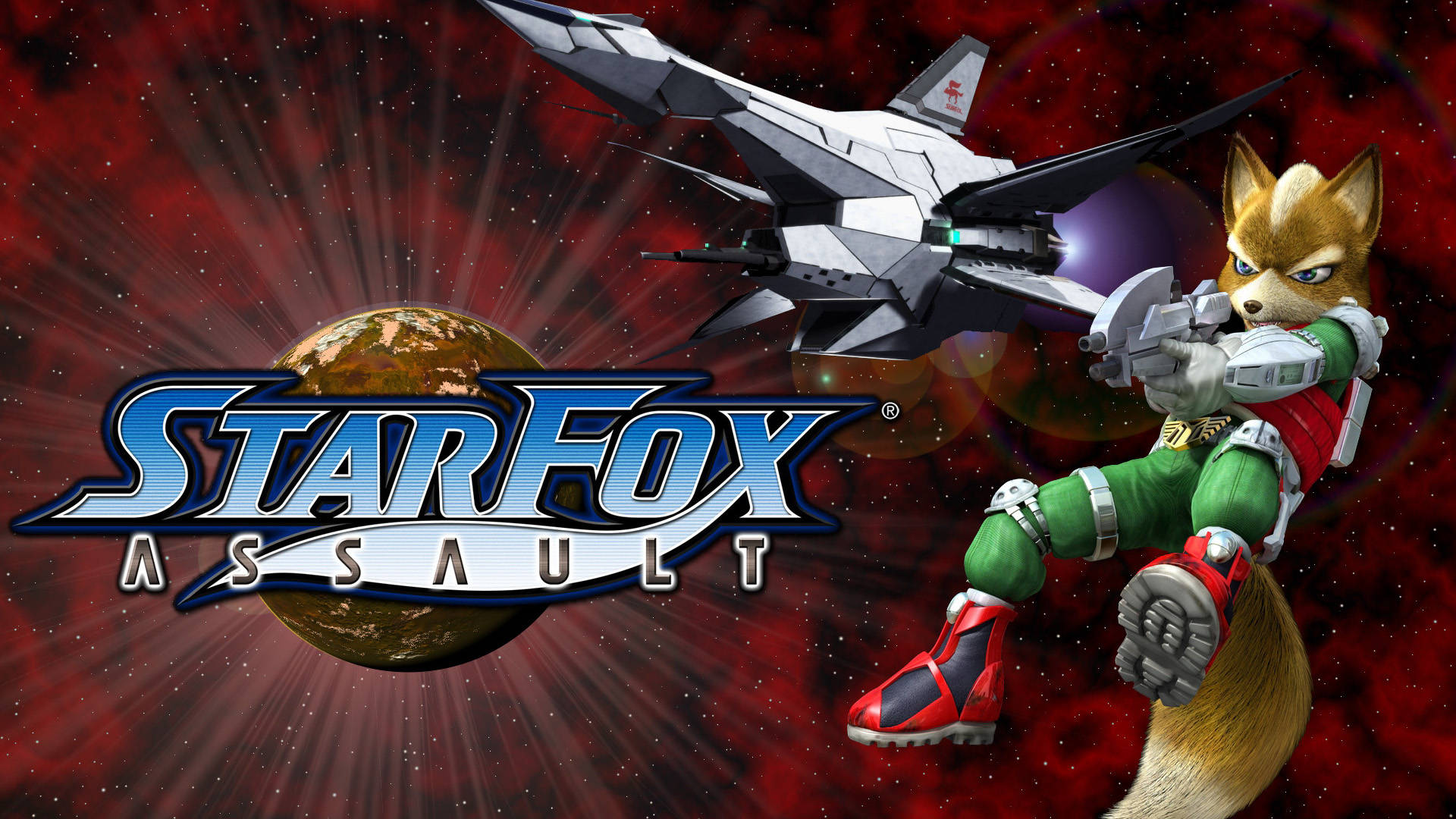 Star Fox 桌布 壁紙 — Fox McCloud 身穿綠色和紅色套裝，在白色星際戰機旁瞄準武器，背景是紅色星雲、行星和遊戲標題。