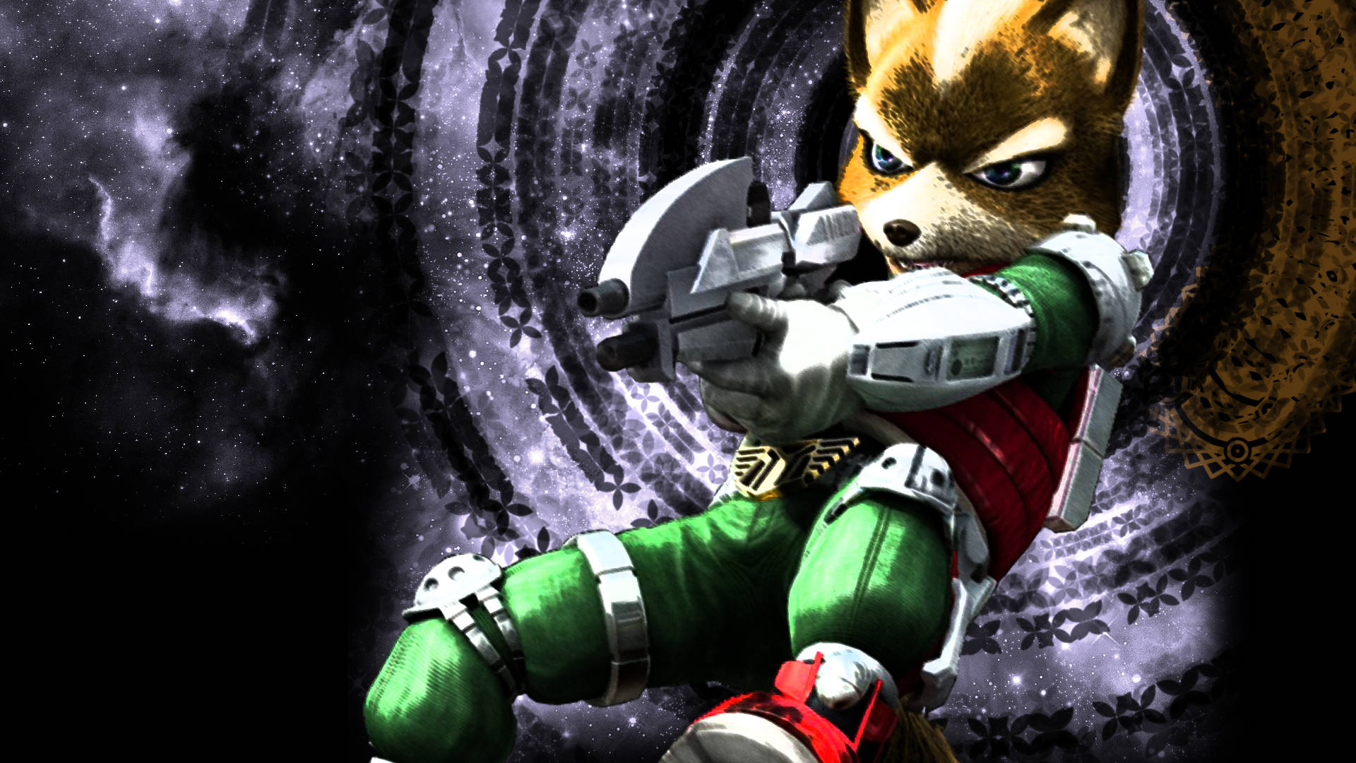 Star Fox 桌布 壁紙 — Fox McCloud 身穿綠色和白色太空服，在宇宙螺旋背景下瞄準未來槍械。