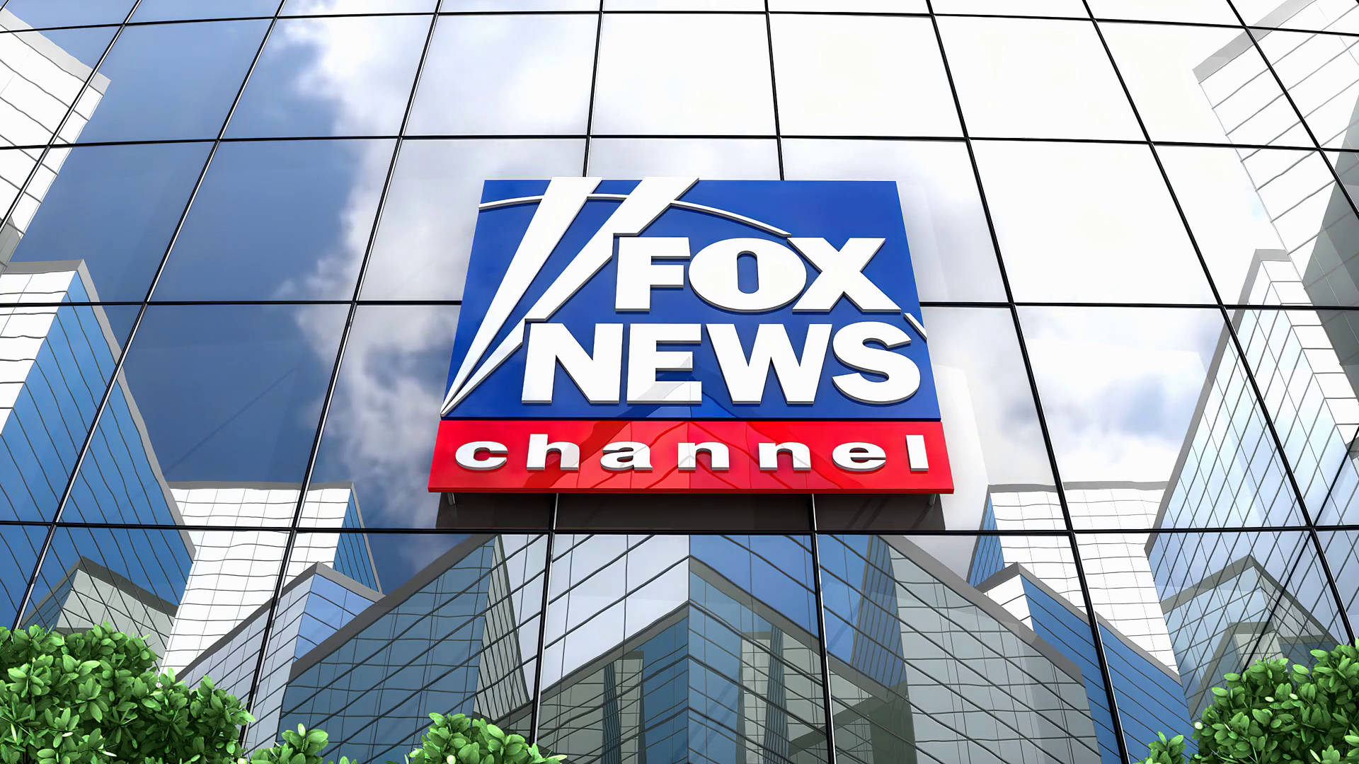 News 桌布 壁紙 — Fox News Channel 標誌安裝在玻璃摩天大樓外牆上，反射藍天和白雲。