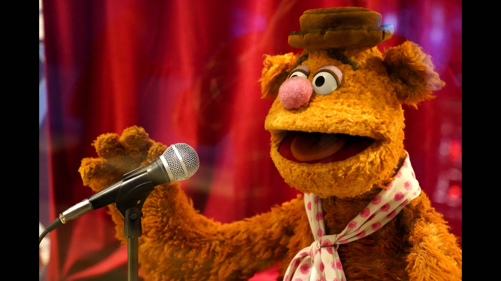 Fozzie Bear 桌布 壁紙 — Fozzie Bear 戴著棕色帽子和圓點圍巾，在紅色窗簾背景下對著麥克風快樂地唱歌。