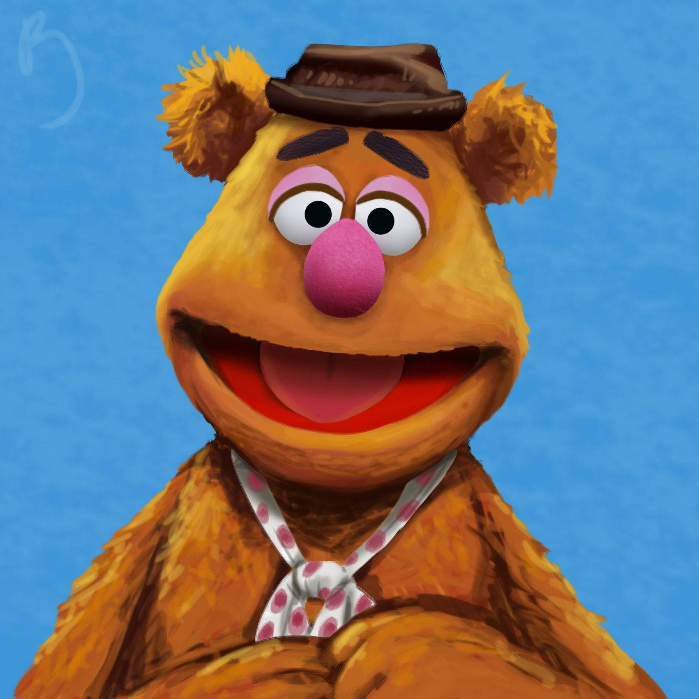 Fozzie Bear 桌布 壁紙 — Fozzie Bear 戴著棕色帽子和波點領帶，在純藍色背景上愉快地微笑。