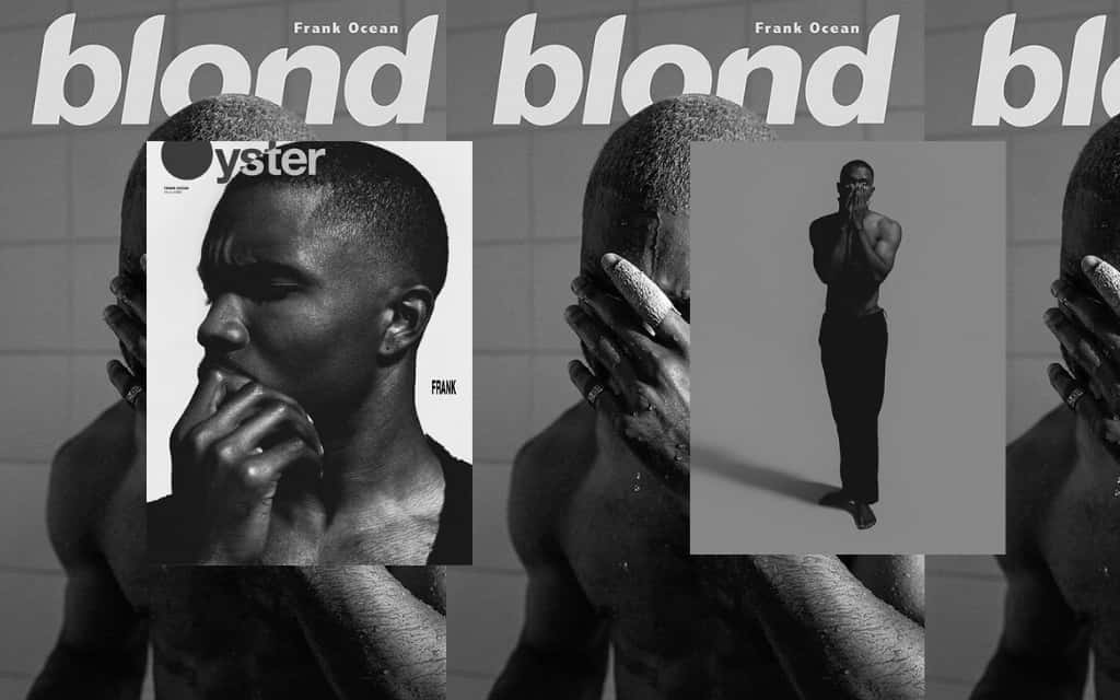 桌布 壁紙 — Frank Ocean 的黑白拼貼畫，呈現憂鬱姿勢，帶有文字疊加和瓷磚背景。