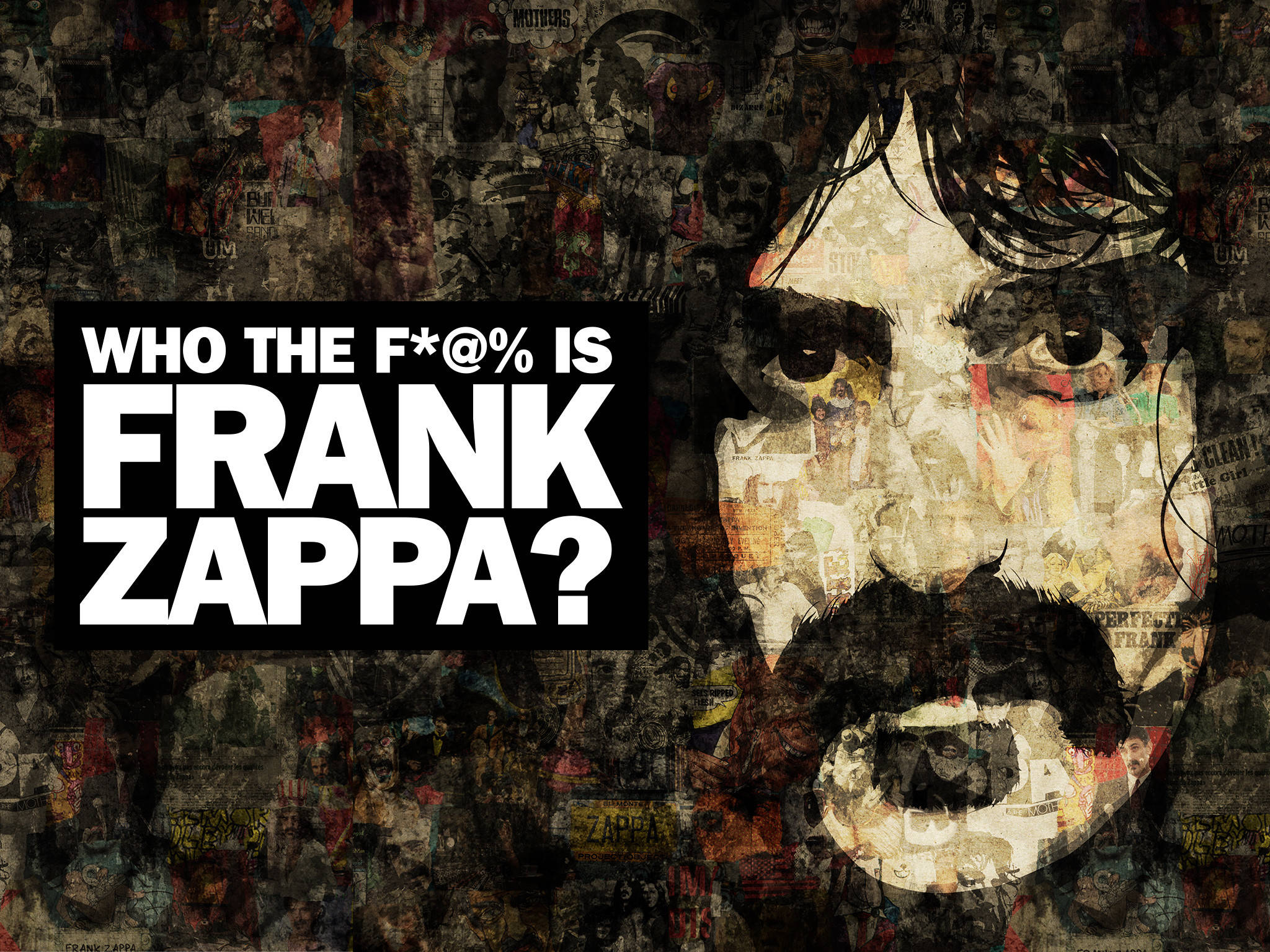 Zappa 桌布 壁紙 — Frank Zappa 的拼貼風格肖像，在混亂的碎片圖像背景上，以粗體文字問『Frank Zappa 到底是誰？』
