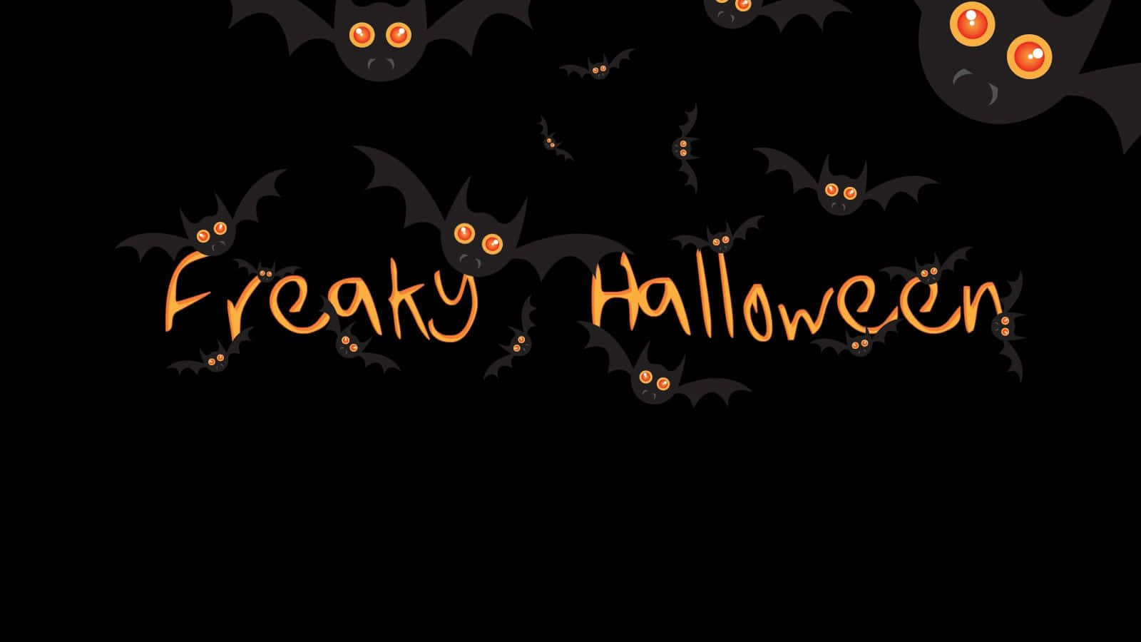 Animated Halloween 桌布 壁紙 — Freaky Halloween 文字以橙色草書字體呈現，周圍環繞著卡通蝙蝠，蝙蝠的眼睛在黑色背景上發光。