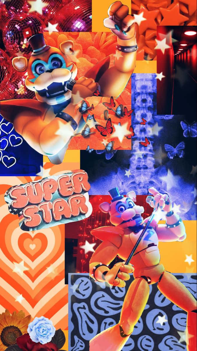  壁紙 — 一幅充滿活力的拼貼畫， featuring Freddy Fazbear 作為迪斯科巨星，被星星、蝴蝶和復古圖案環繞。