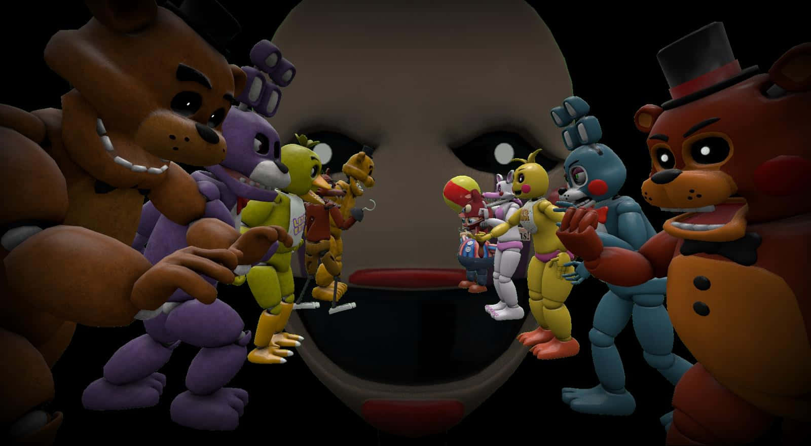 佛萊迪餐館之五夜驚魂 桌布 壁紙 — Freddy Fazbear 和機械動物朋友們站在一個巨大的機械動物面孔前，處於黑暗陰森的環境中。