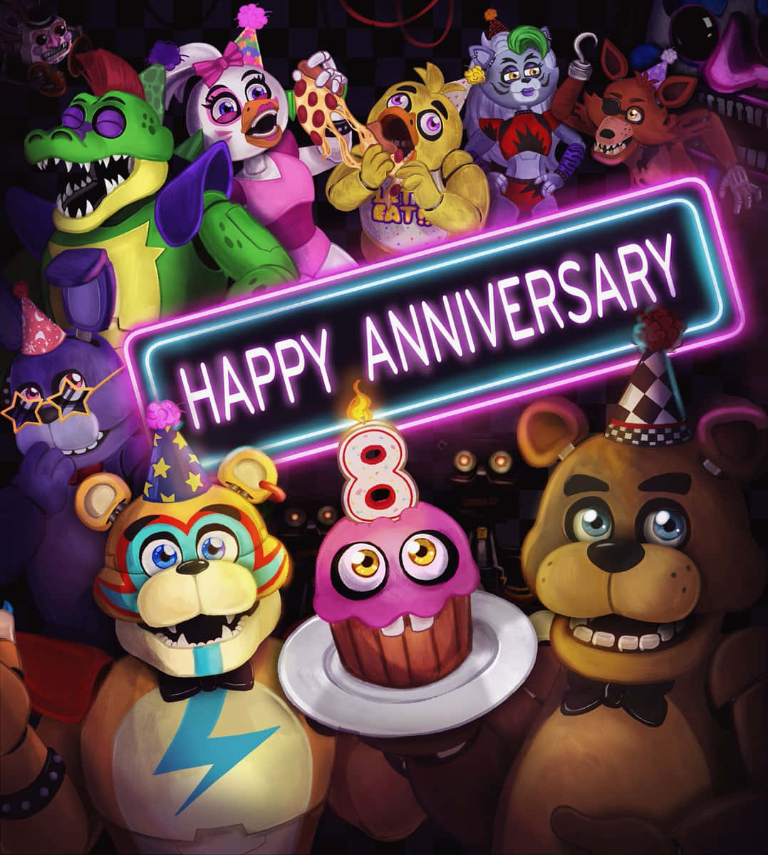 Five Nights At Freddys 桌布 壁紙 — Freddy Fazbear 和機械動物朋友們用霓虹燈牌和杯子蛋糕慶祝8週年派對。