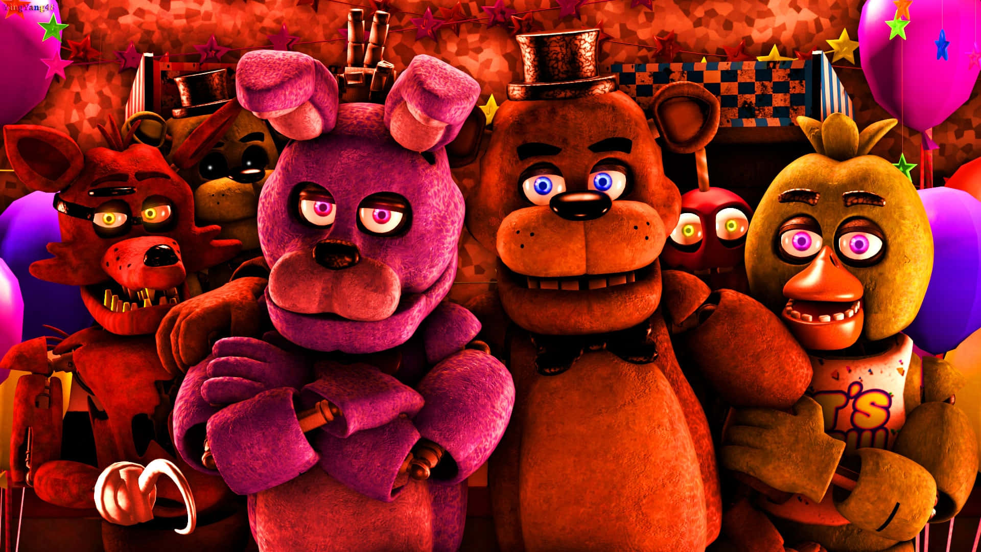 Cute Fnaf 桌布 壁紙 — Freddy Fazbear 和機械動畫朋友們在昏暗的遊戲廳中，用發光的眼睛凝視著氣球和星星。