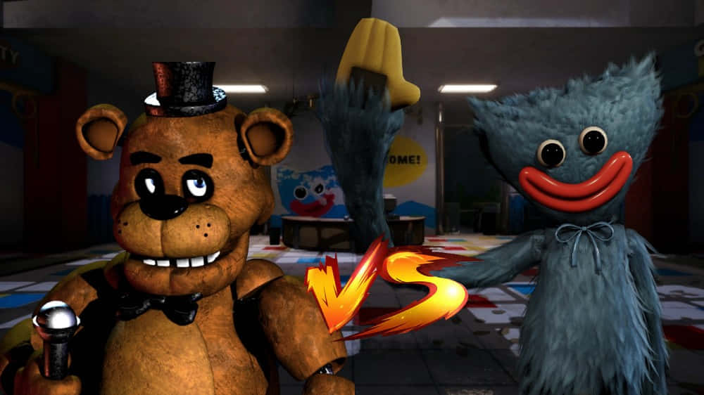Five Nights At Freddys 桌布 壁紙 — Freddy Fazbear 和 Huggy Wuggy 在一間燈光昏暗的披薩店內進行一場激烈的VS對決。