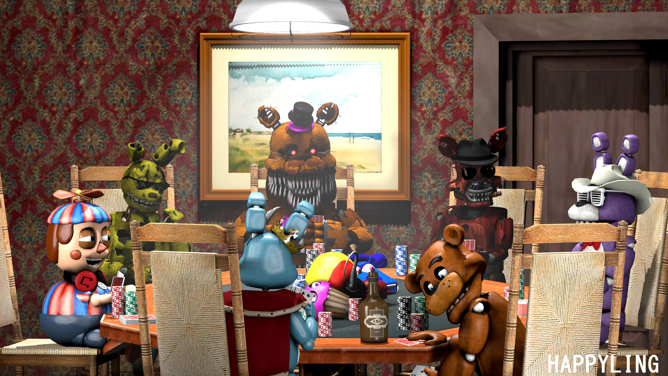 nightmare 桌布 壁紙 — Freddy Fazbear 和機械人朋友們在燈光昏暗的餐廳裡玩撲克牌，背景是紅色花卉壁紙和一幅鑲框的海灘畫。