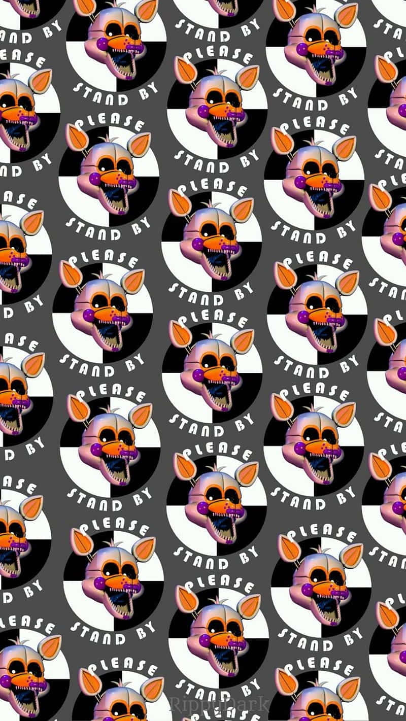 Lolbit 桌布 壁紙 — Freddy Fazbear 的電子動畫頭部重複圖案，嘴巴張開，並在黑白格子背景上寫有「STAND BY PLEASE」文字。