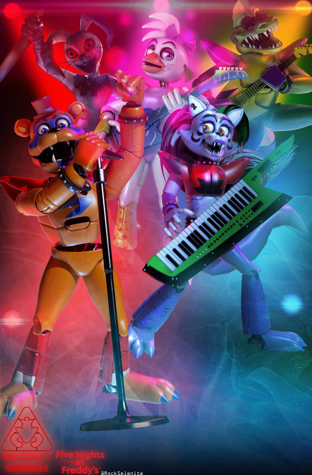 Characters 桌布 壁紙 — Freddy Fazbear 與電子動畫樂隊在霓虹燈下進行充滿活力的音樂會場景。