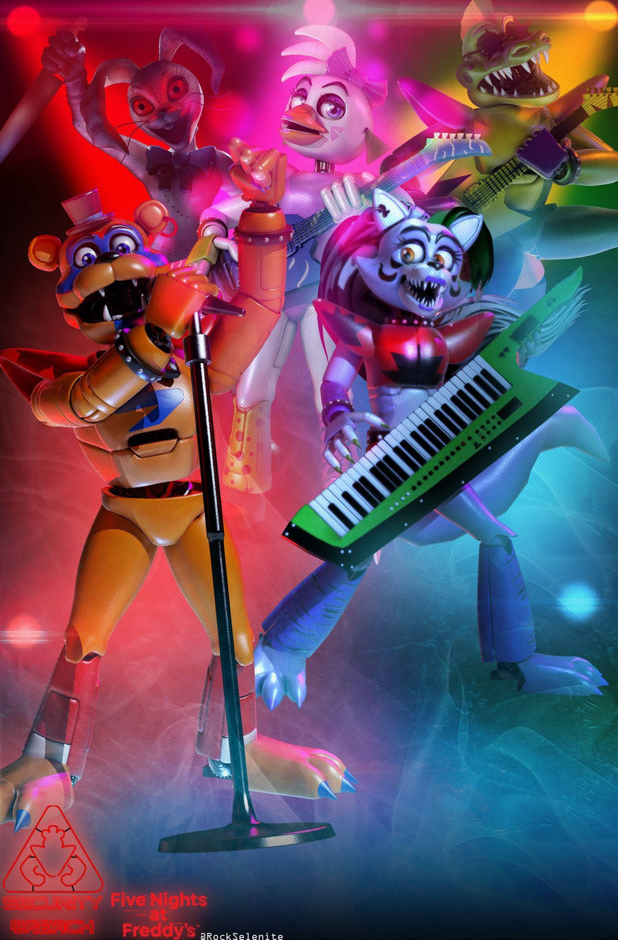 Freddy Fazbear 與電子動畫樂隊在霓虹燈下表演。