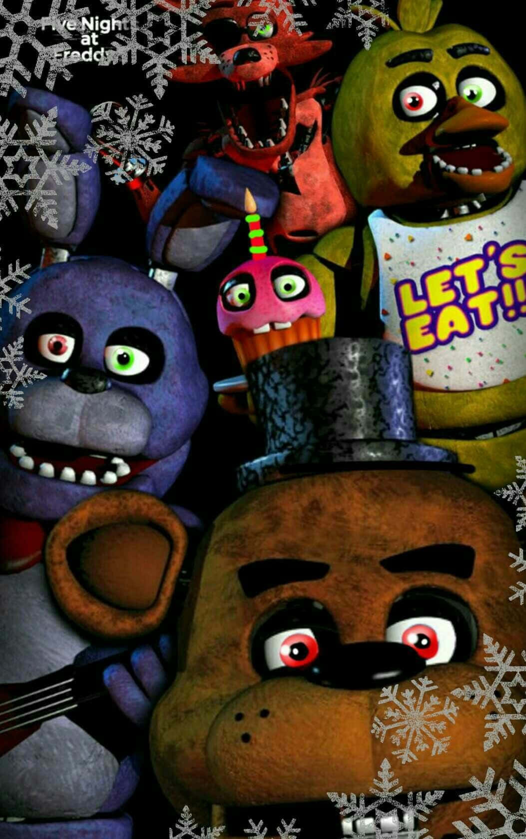 fnaf world 桌布 壁紙 — Freddy Fazbear 與機械動物朋友們在雪花中威脅地凝視，營造出一個寒冷的節日主題場景。