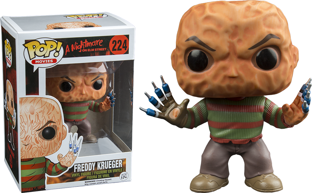 惡夢佛萊迪 桌布 壁紙 — Freddy Krueger Funko Pop! 乙烯基人偶，身穿標誌性條紋毛衣和利刃手套，連同原裝包裝展示。