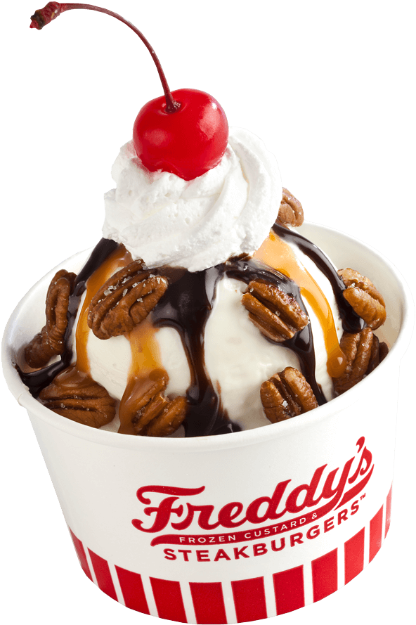 custard 桌布 壁紙 — Freddy's 的冷凍奶凍聖代，上面有鮮奶油、焦糖醬、巧克力糖漿和山核桃，並以鮮紅櫻桃點綴。