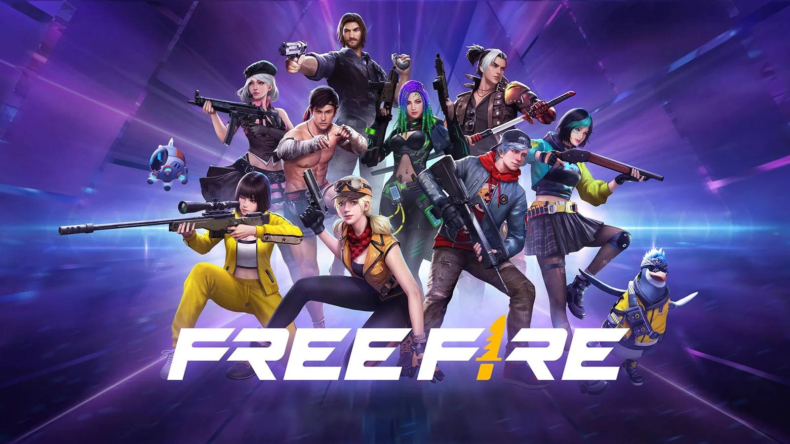 Free Fire遊戲角色在發光紫色背景下的戰鬥姿勢。 — Free Fire 壁紙