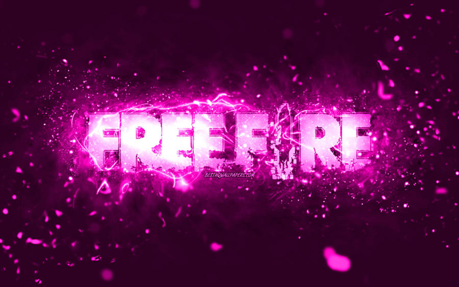 free fire banner 桌布 壁紙 — 「FREE FIRE」一詞在充滿閃爍粒子的深色背景上散發出電光粉紅色的能量。