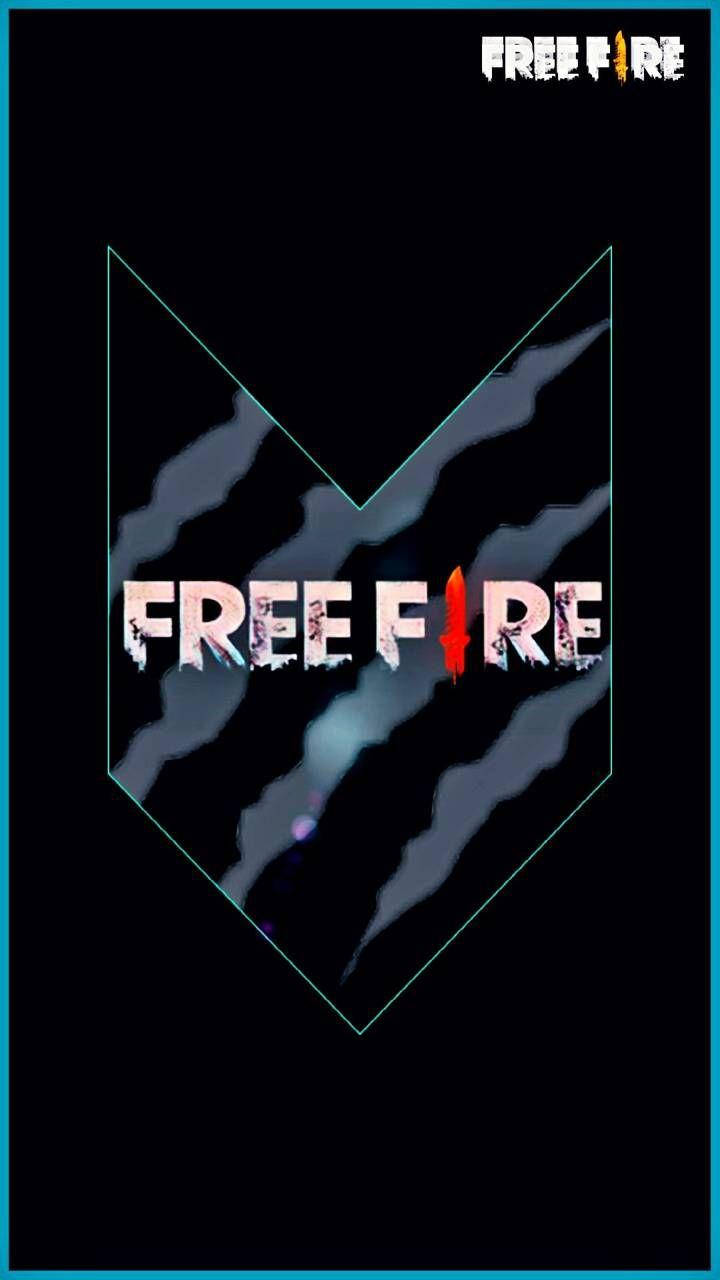 Free Fire 標誌 桌布 壁紙 — Free Fire 標誌在黑色背景上發出青綠色的輪廓光芒，並以煙灰色條紋和火紅色的點綴作為框架。