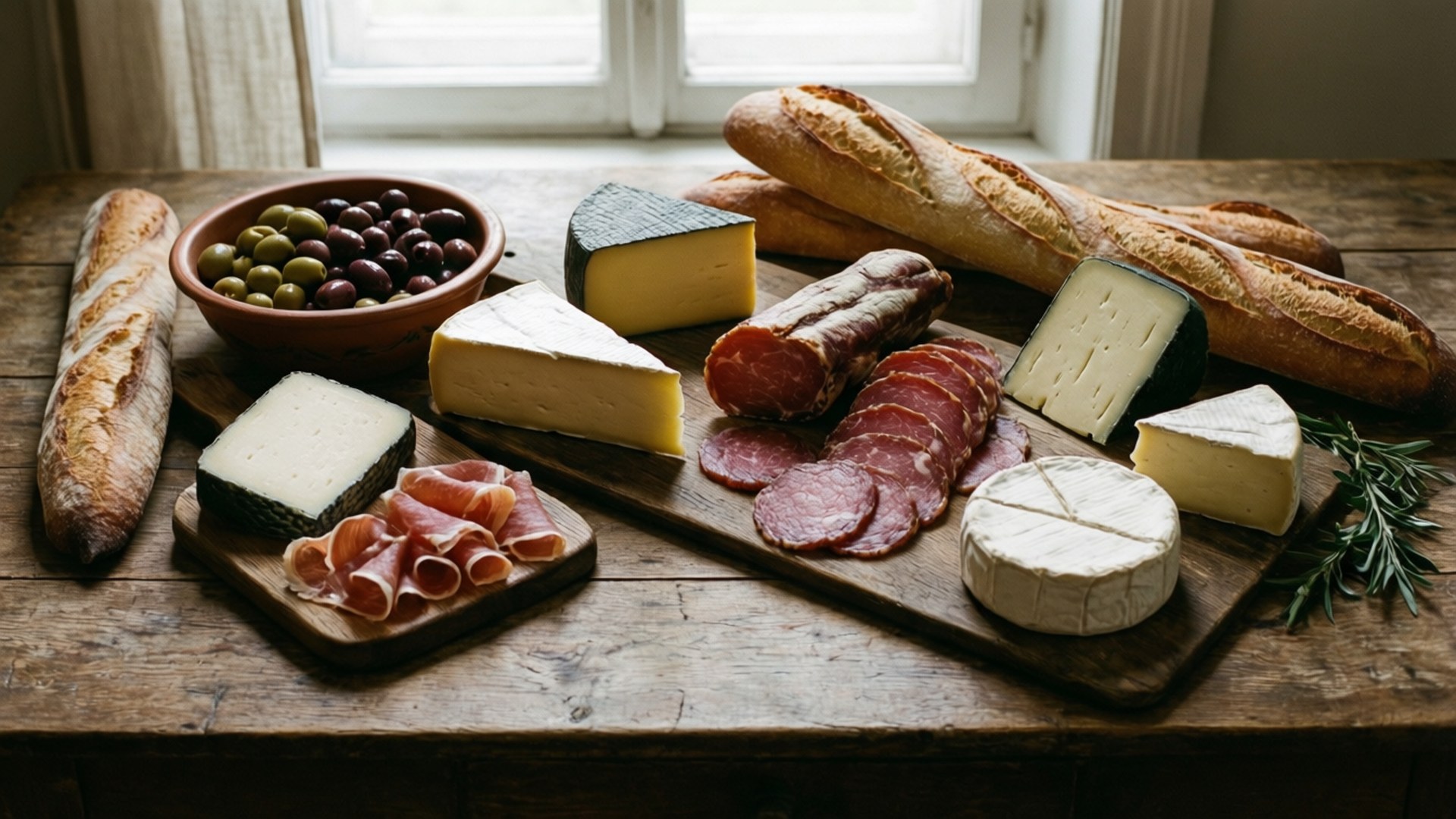 Gastronomy 桌布 壁紙 — 一張質樸的木桌上擺放著令人垂涎的法式熟食拼盤，包括起司、橄欖、麵包和醃製肉類，沐浴在柔和自然光中。