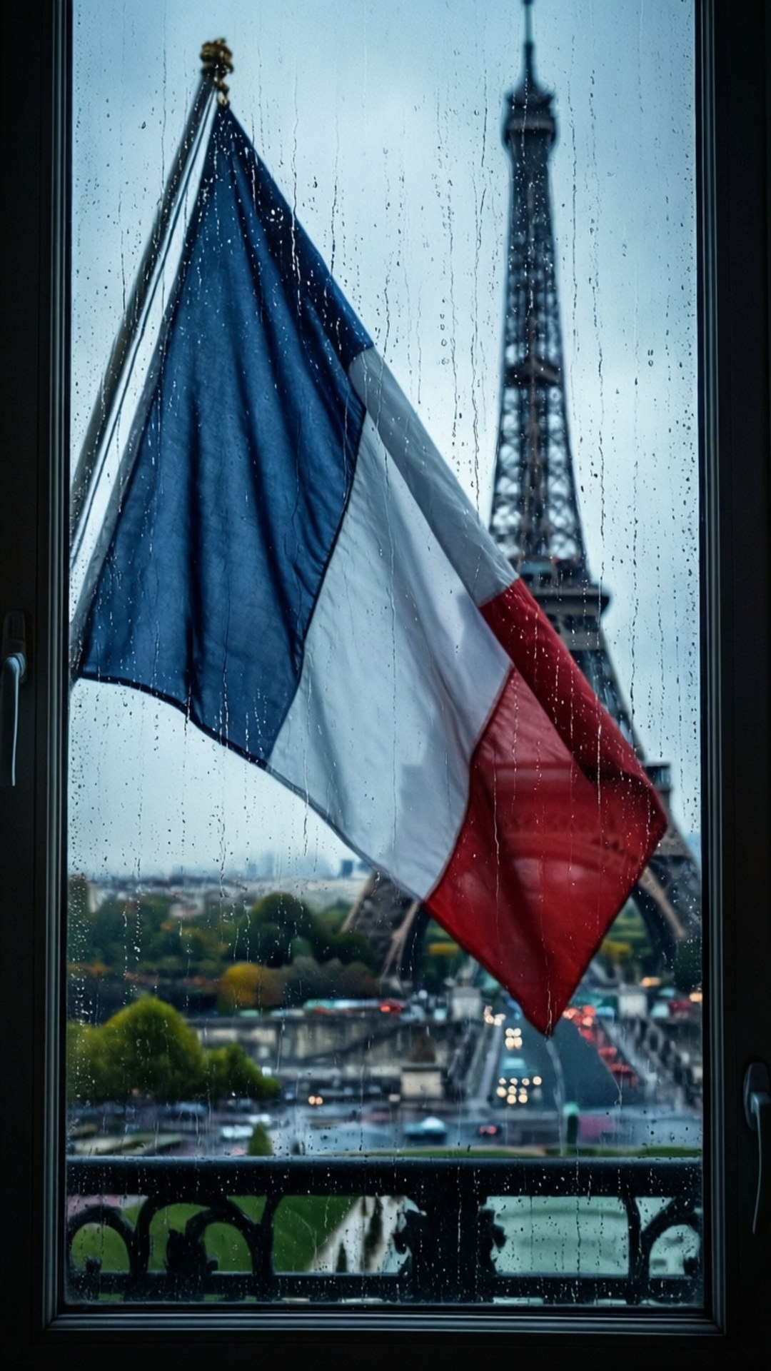 Rainy Window Flag 壁紙 — 法國國旗在雨中飄揚，透過濕窗戶看到，背景可見艾菲爾鐵塔。