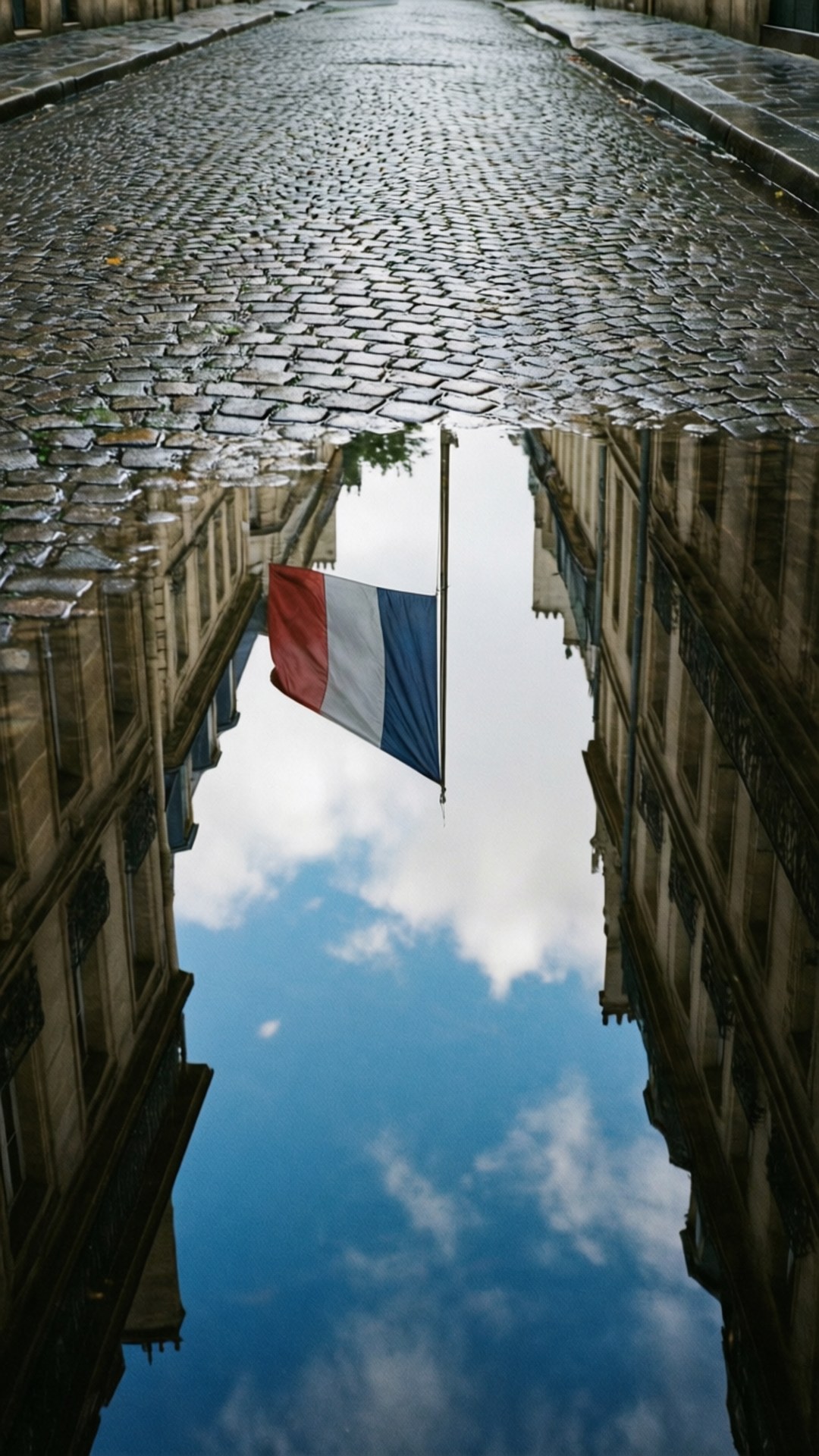 France Flag 桌布 壁紙 — 一面法國國旗在歷史石建築之間的濕滑鵝卵石街道上飄揚，倒映在水坑中。